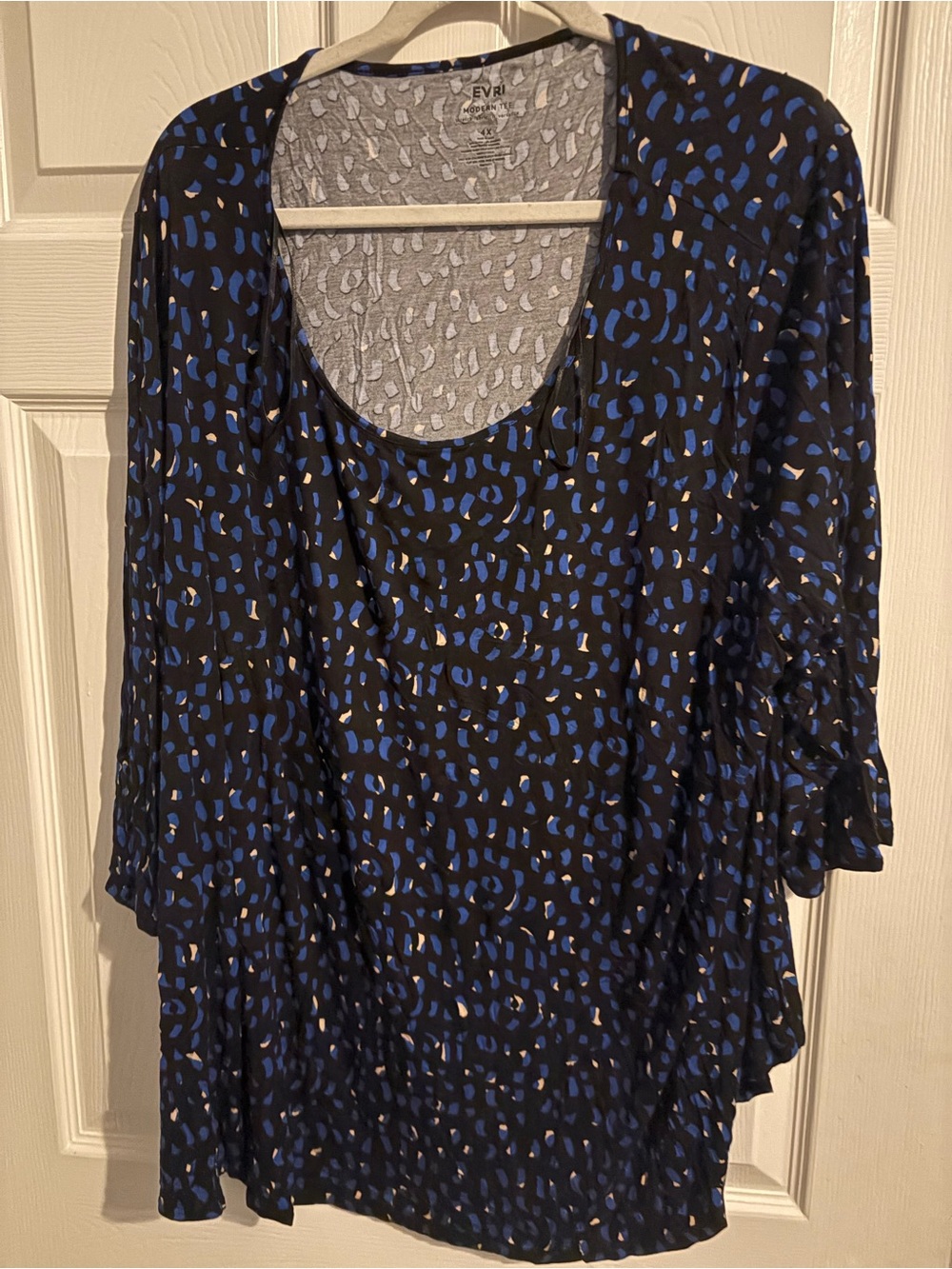 301- EVRI Black Scoop-Neck Tunic with Blue and Tan Abstract Print
